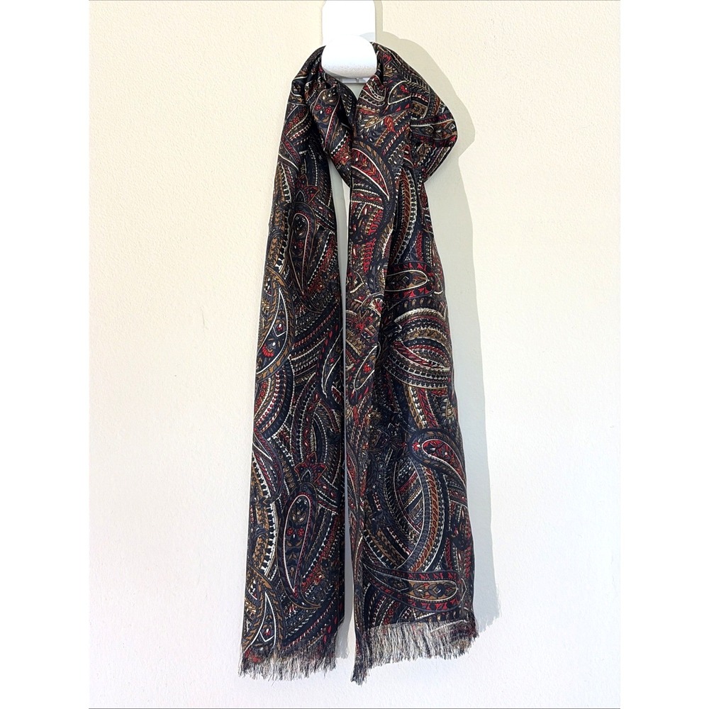 Pure Silk Black/Red Allover Paisley Fringe Hem Scarf Unisex Accessory‎
